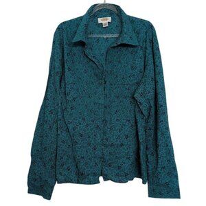Talbots Embroidered Floral Shirt Womens Size XL Teal Blue Lightweight V Neck